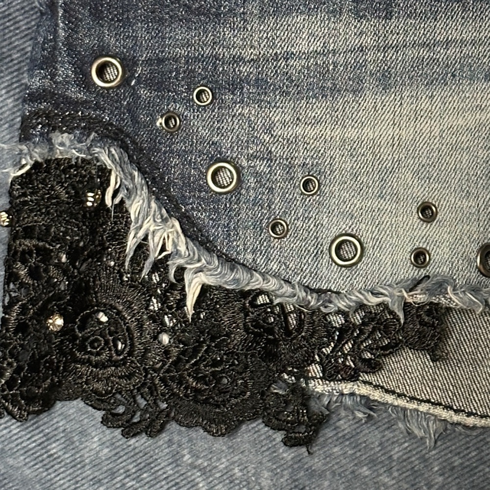 Miss Me Women's Blue Jean Denim Shorts with Black Lace and Bling 30 - Picture 3 of 15